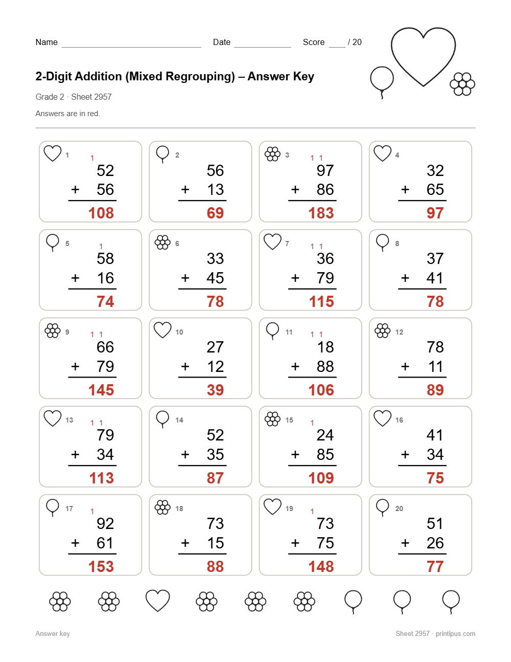 2-Digit Addition (Mixed Regrouping) Worksheet for 2nd Grade answer key