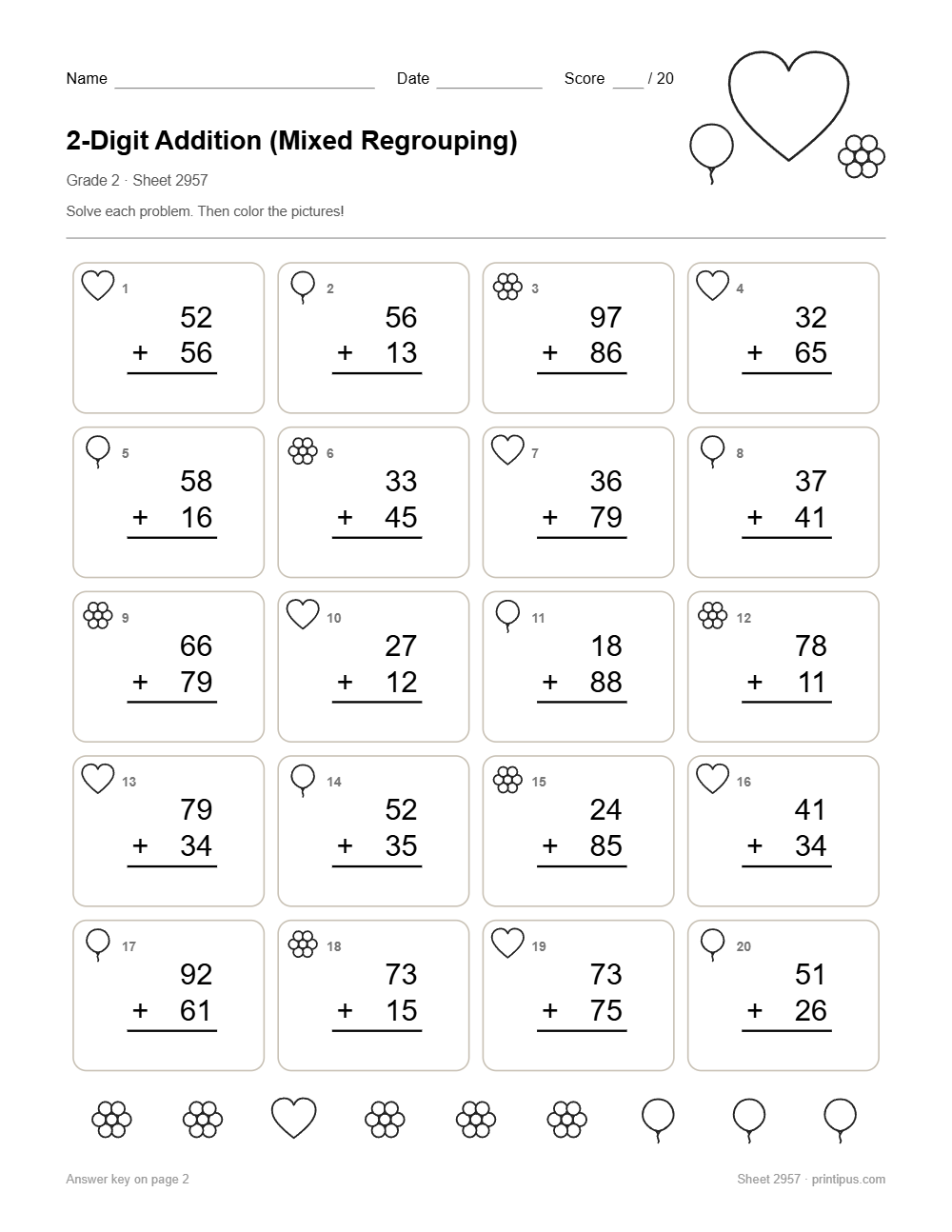 2-Digit Addition (Mixed Regrouping) Worksheet for 2nd Grade