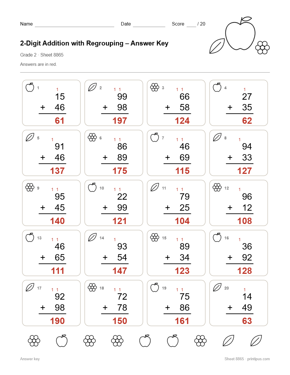 2-Digit Addition with Regrouping Worksheet for 2nd Grade answer key