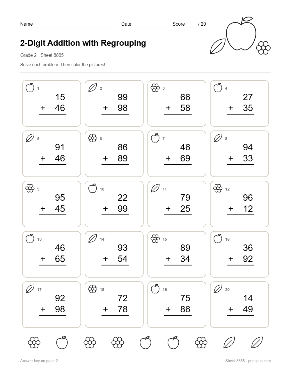 2-Digit Addition with Regrouping Worksheet for 2nd Grade