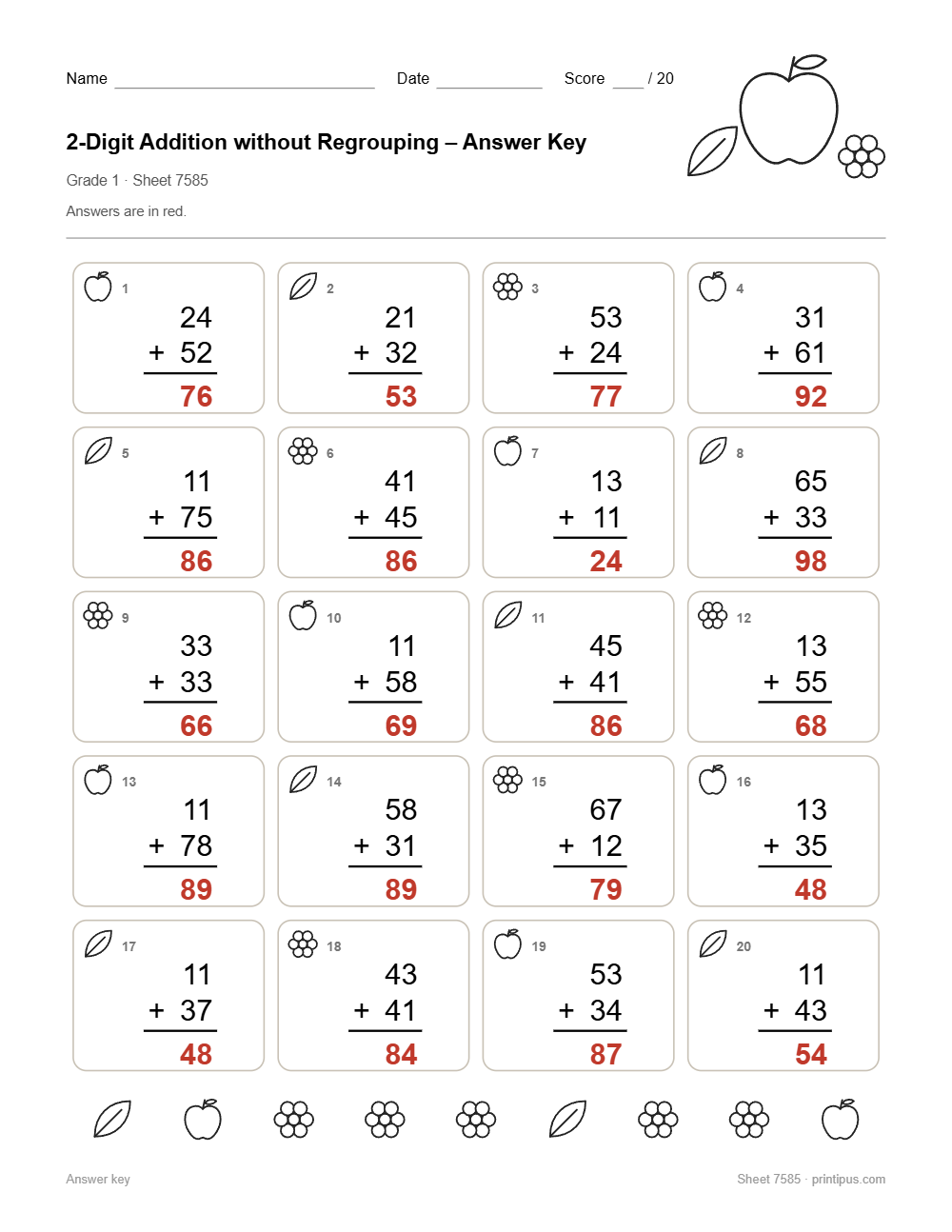 2-Digit Addition without Regrouping Worksheet for 1st Grade answer key