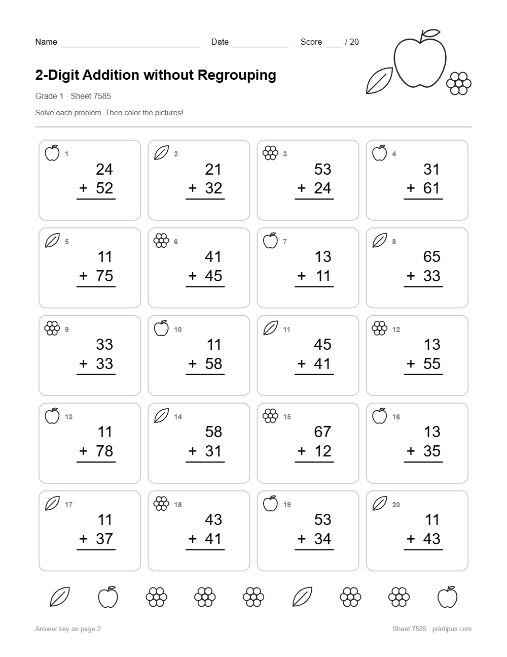2-Digit Addition without Regrouping Worksheet for 1st Grade