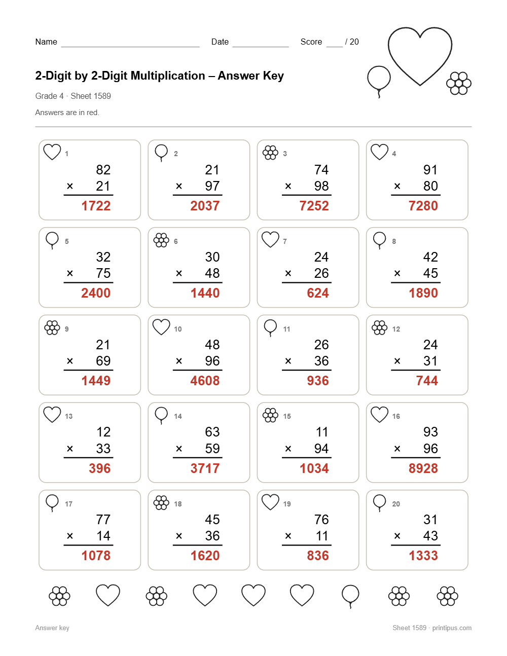 2-Digit by 2-Digit Multiplication Worksheet for 4th Grade answer key