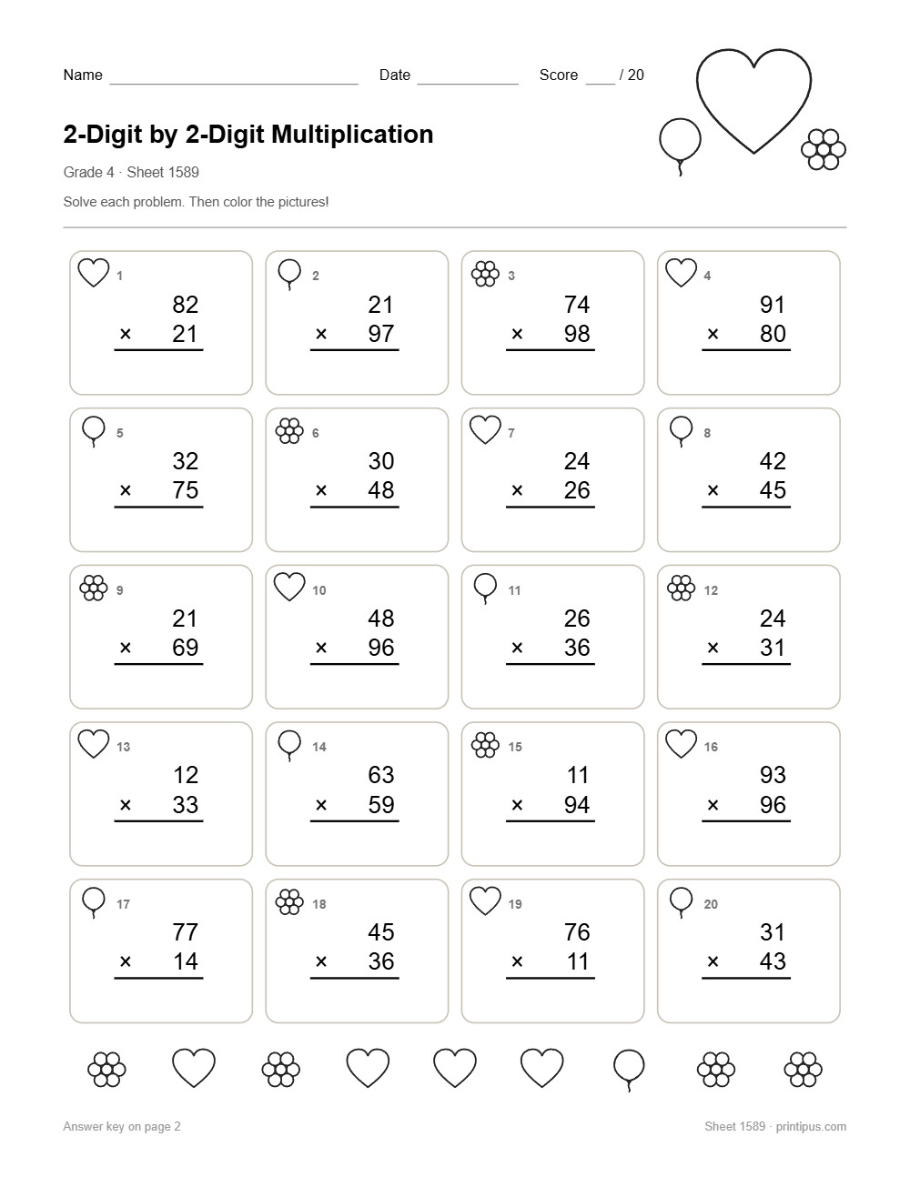 2-Digit by 2-Digit Multiplication Worksheet for 4th Grade