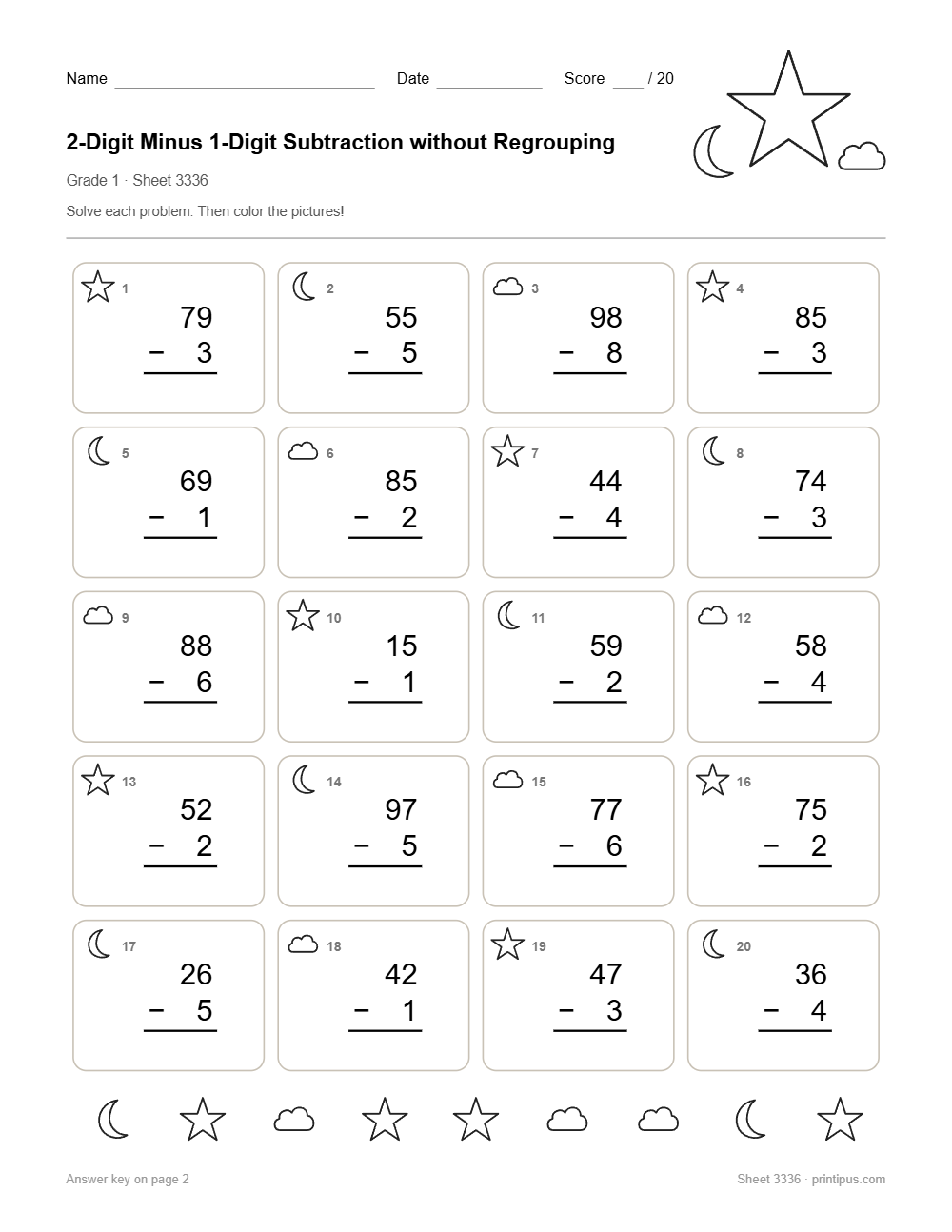 2-Digit Minus 1-Digit Subtraction without Regrouping Worksheet for 1st Grade