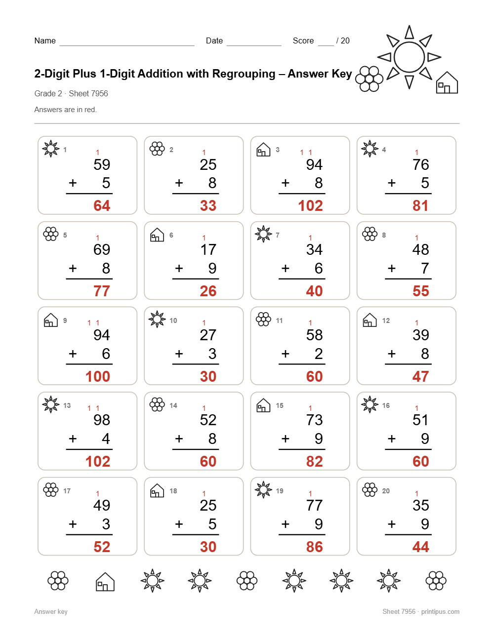 2-Digit Plus 1-Digit Addition with Regrouping Worksheet for 2nd Grade answer key