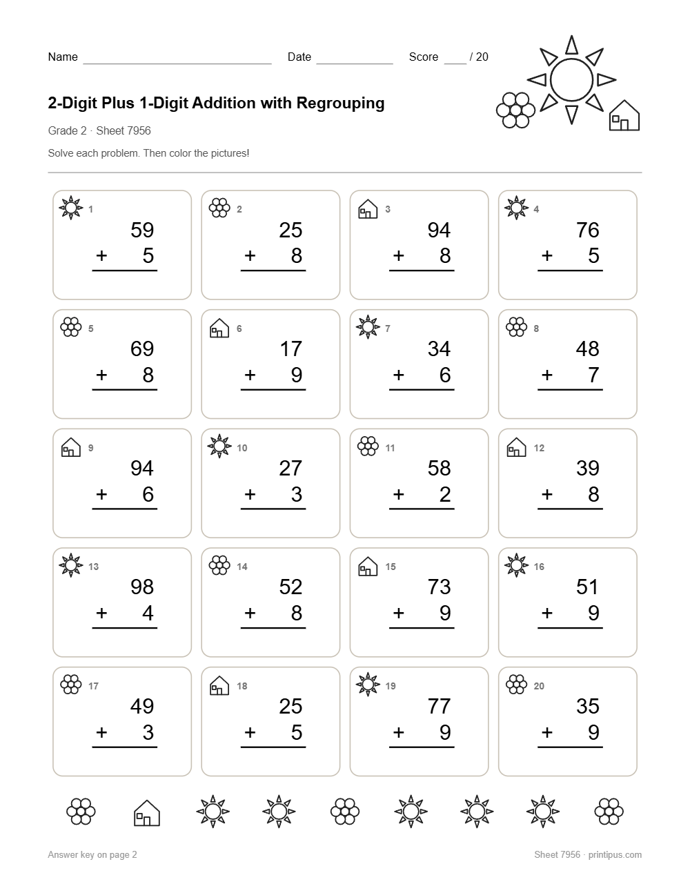 2-Digit Plus 1-Digit Addition with Regrouping Worksheet for 2nd Grade