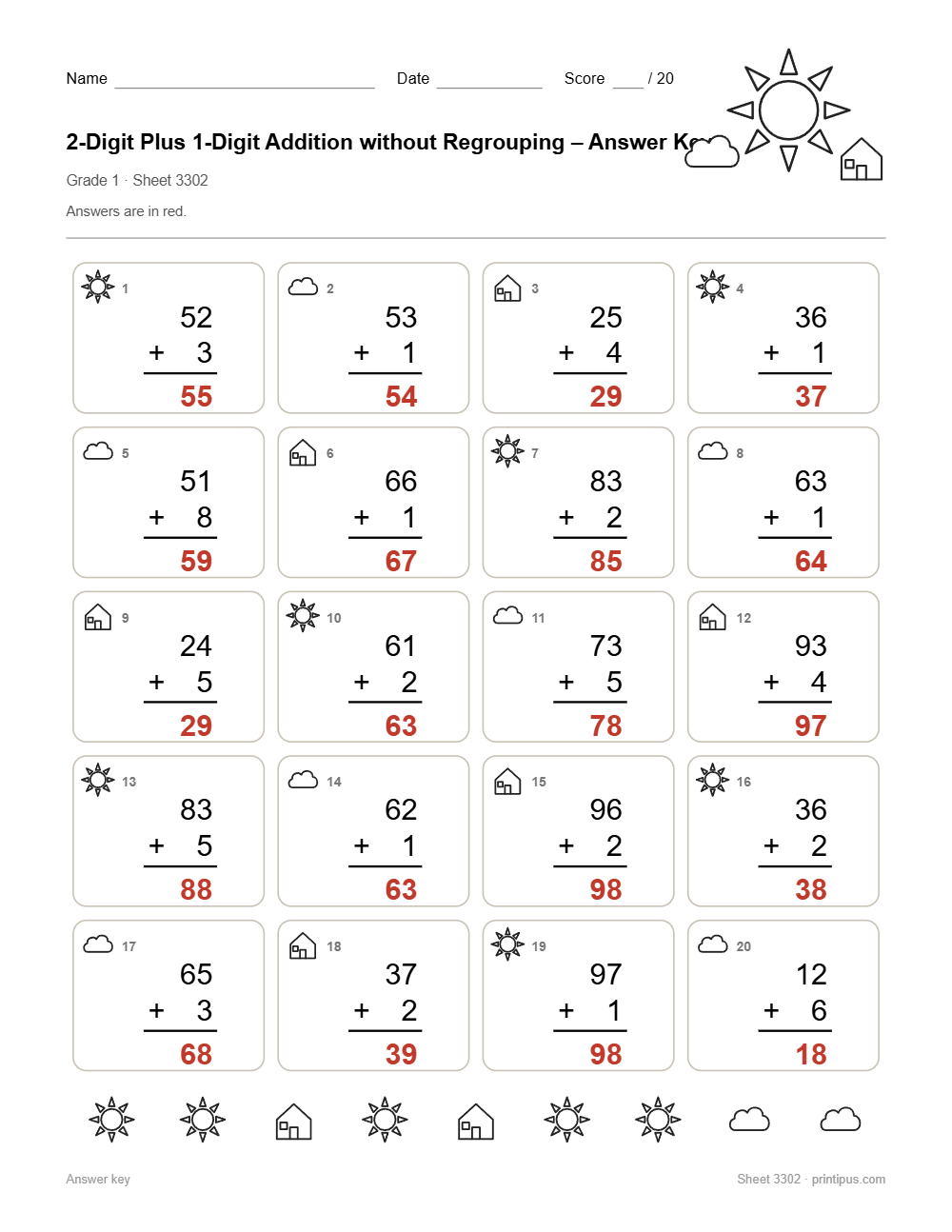 2-Digit Plus 1-Digit Addition without Regrouping Worksheet for 1st Grade answer key