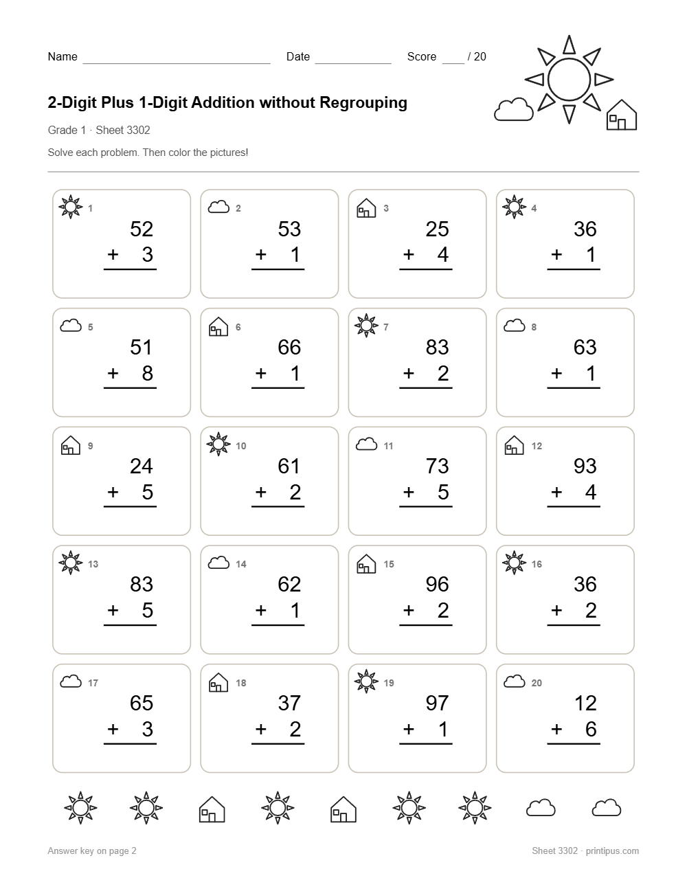 2-Digit Plus 1-Digit Addition without Regrouping Worksheet for 1st Grade