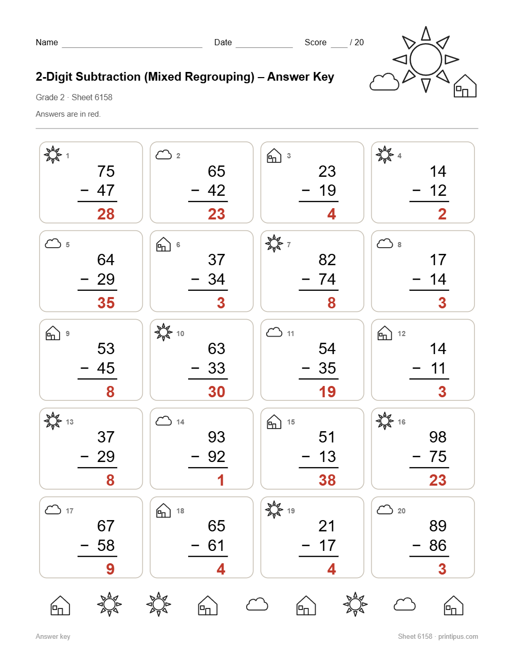 2-Digit Subtraction (Mixed Regrouping) Worksheet for 2nd Grade answer key