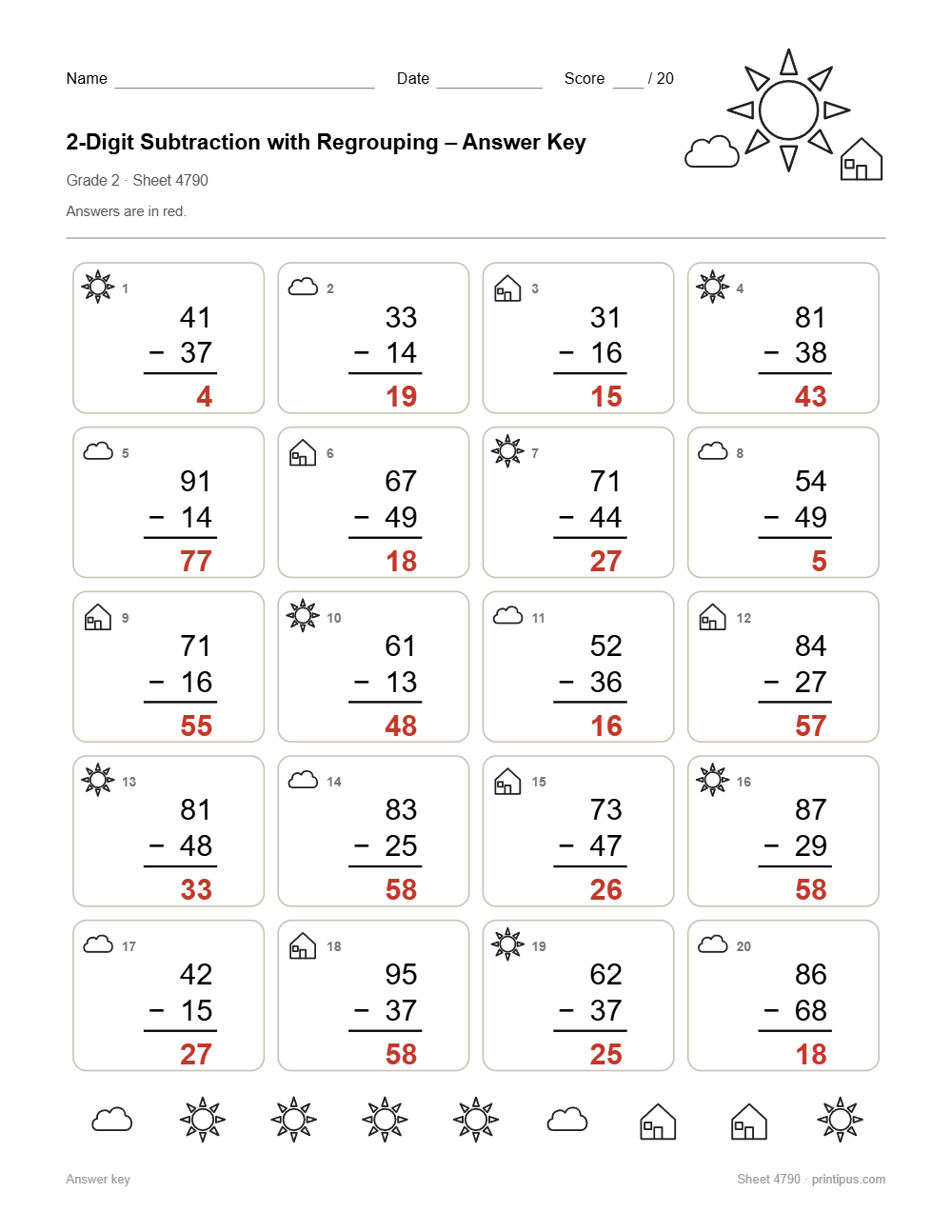 2-Digit Subtraction with Regrouping Worksheet for 2nd Grade answer key