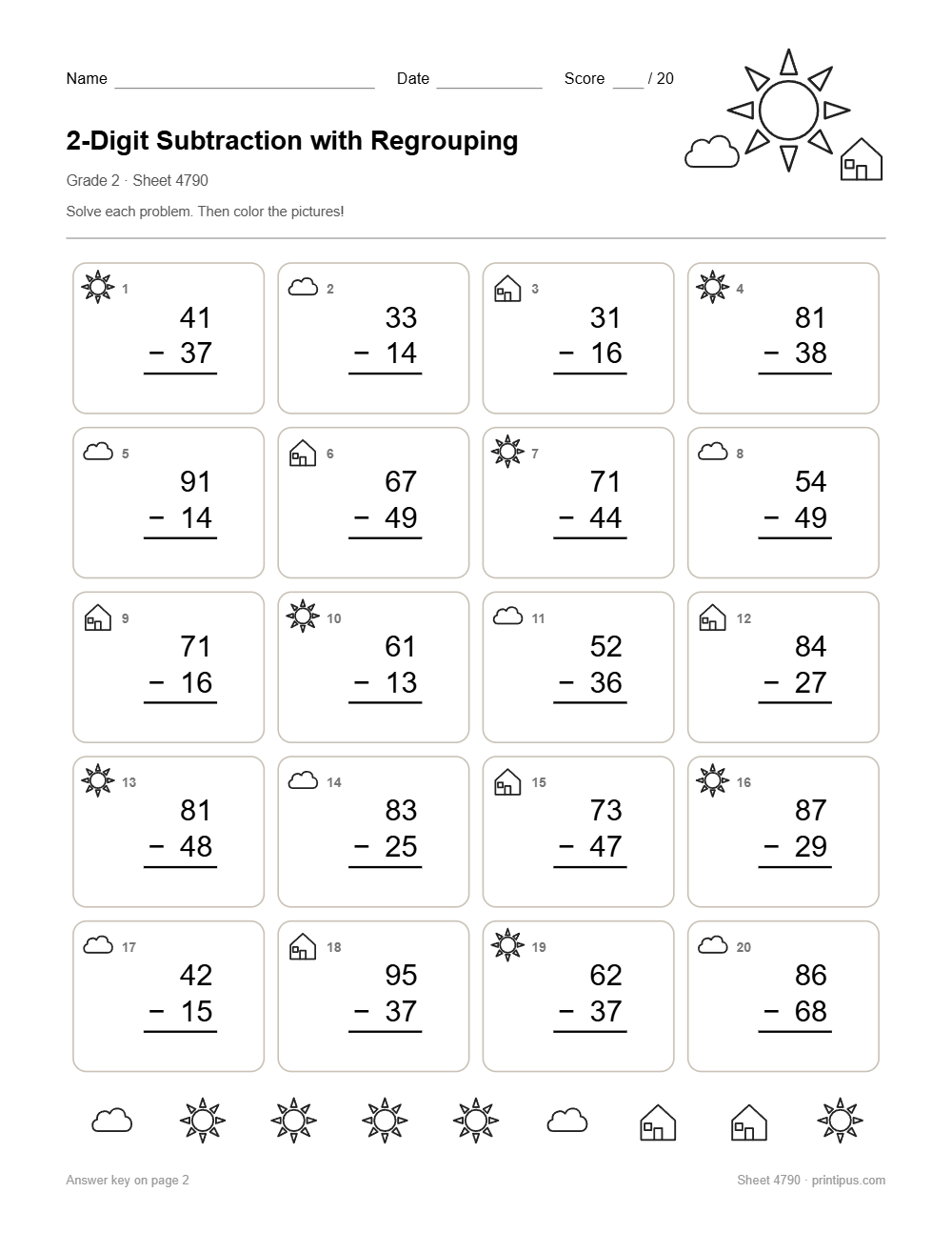 2-Digit Subtraction with Regrouping Worksheet for 2nd Grade