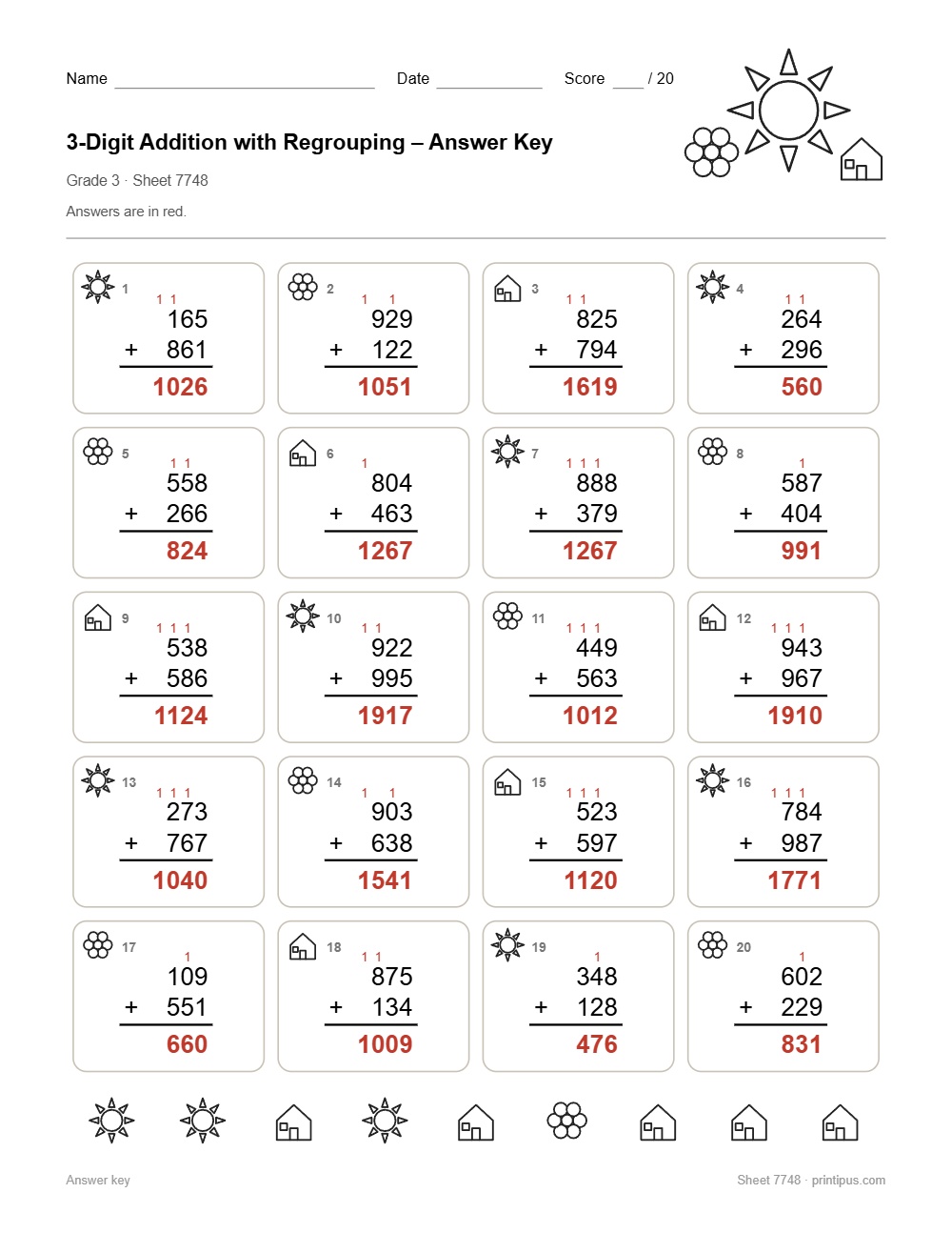 3-Digit Addition with Regrouping Worksheet for 3rd Grade answer key