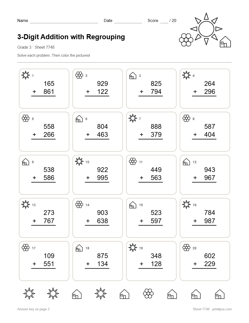 3-Digit Addition with Regrouping Worksheet for 3rd Grade