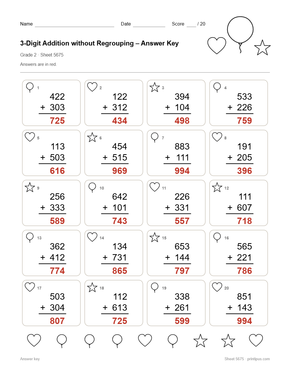3-Digit Addition without Regrouping Worksheet for 2nd Grade answer key