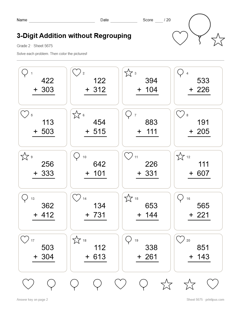 3-Digit Addition without Regrouping Worksheet for 2nd Grade