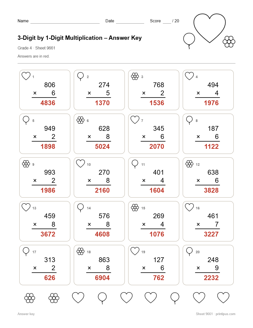 3-Digit by 1-Digit Multiplication Worksheet for 4th Grade answer key