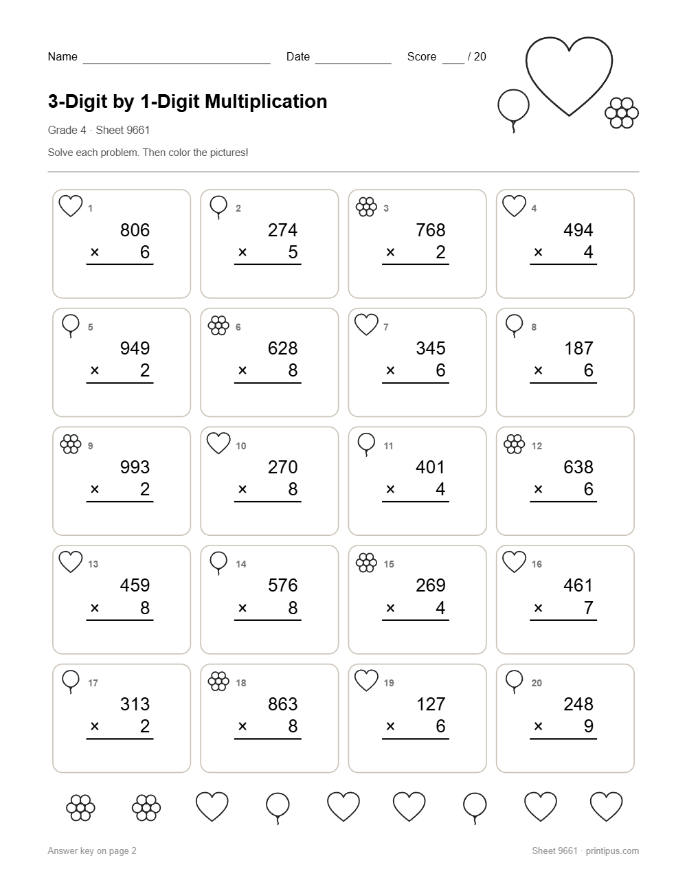 3-Digit by 1-Digit Multiplication Worksheet for 4th Grade