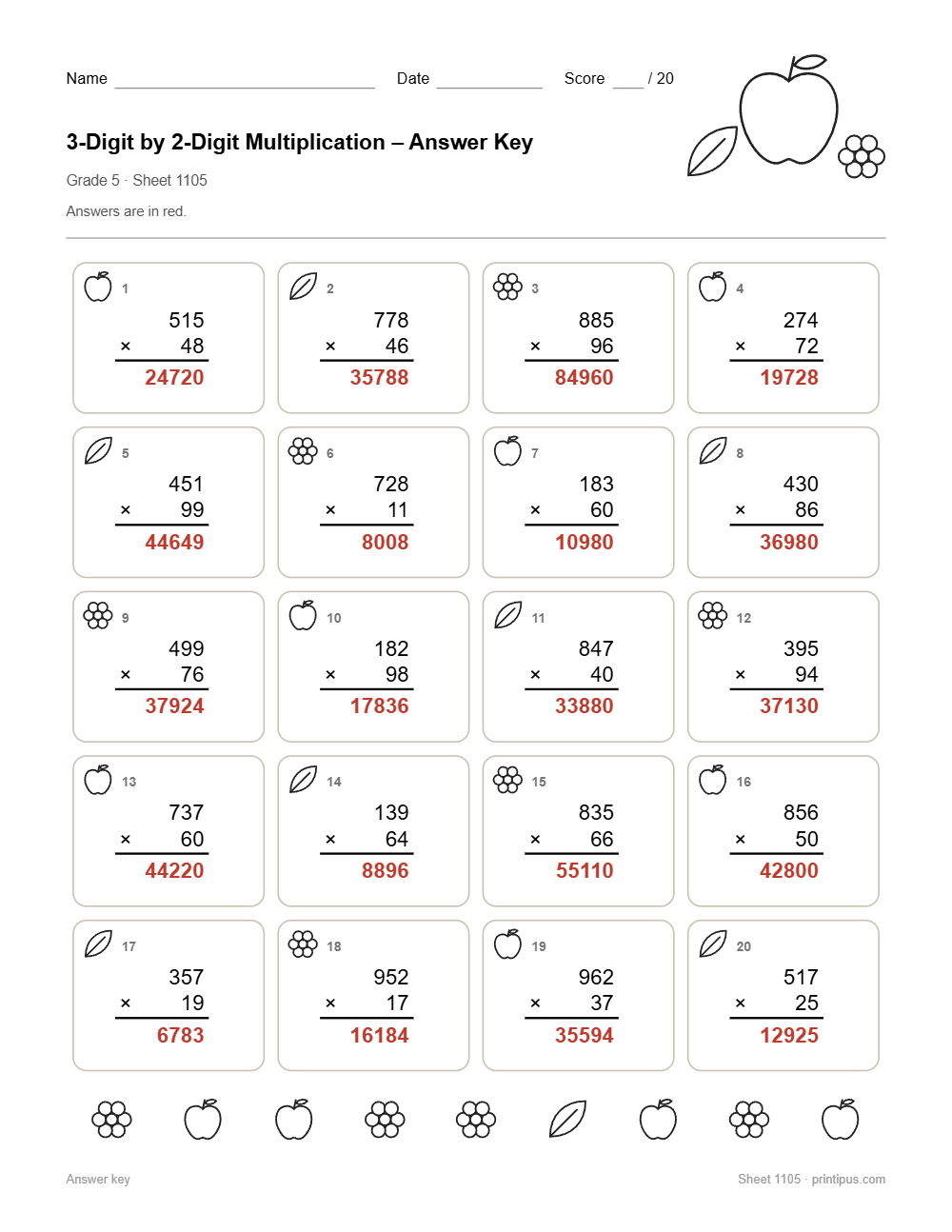 3-Digit by 2-Digit Multiplication Worksheet for 5th Grade answer key