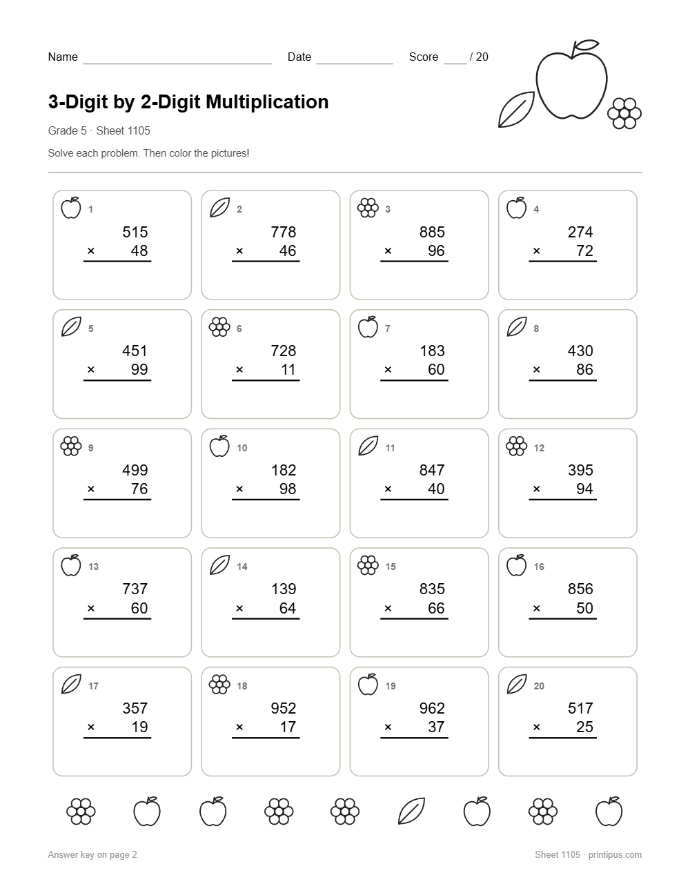 3-Digit by 2-Digit Multiplication Worksheet for 5th Grade