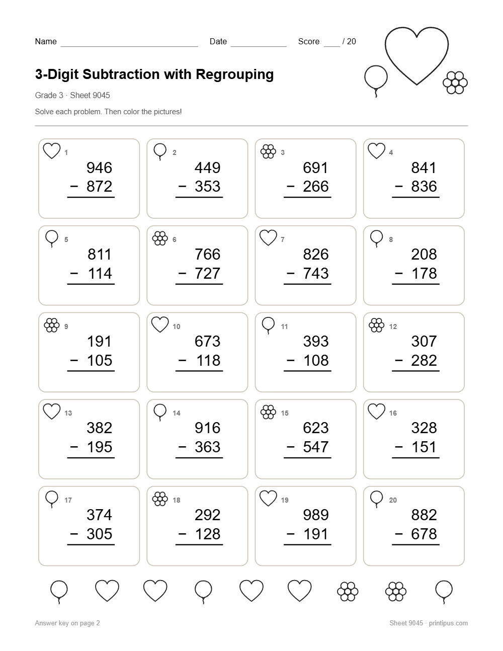 3-Digit Subtraction with Regrouping Worksheet for 3rd Grade