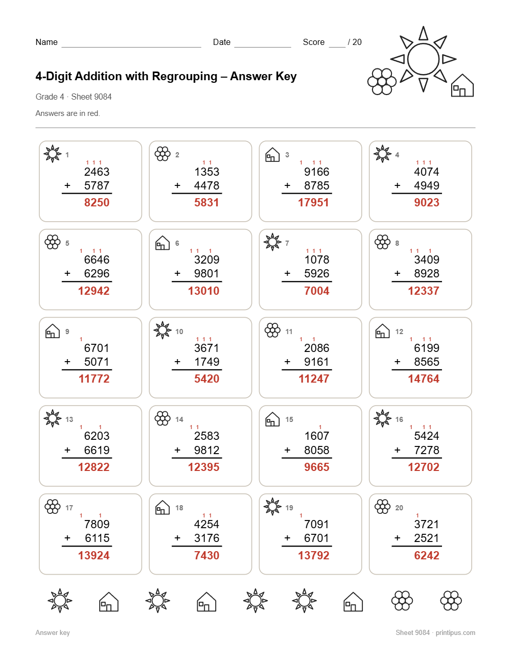 4-Digit Addition with Regrouping Worksheet for 4th Grade answer key