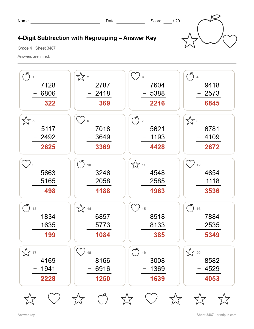 4-Digit Subtraction with Regrouping Worksheet for 4th Grade answer key