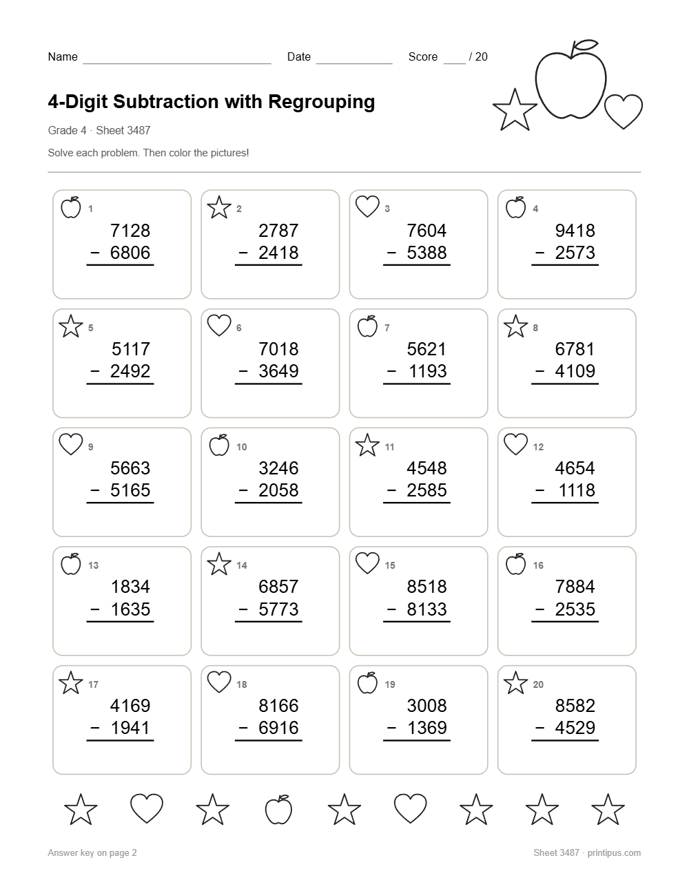 4-Digit Subtraction with Regrouping Worksheet for 4th Grade