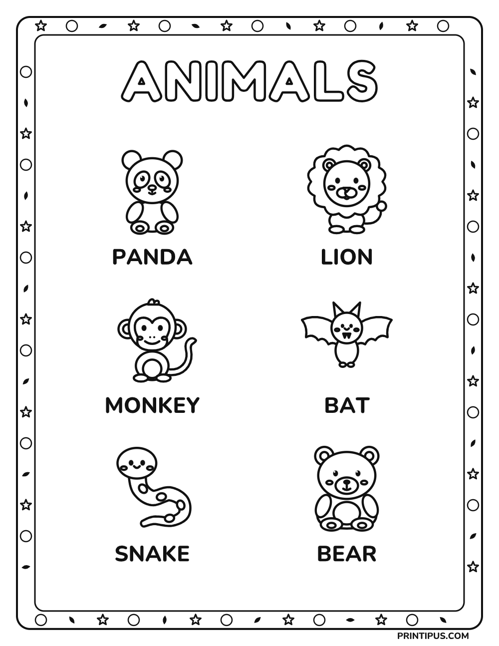 Animal Picture Words Color & Learn Sheet 2