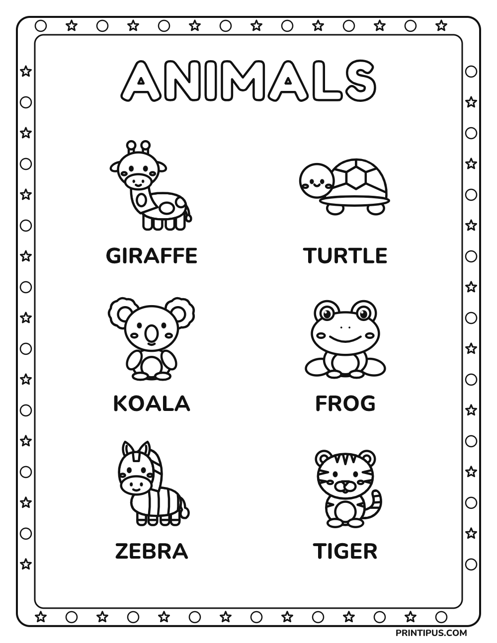 Animal Picture Words Color & Learn Sheet