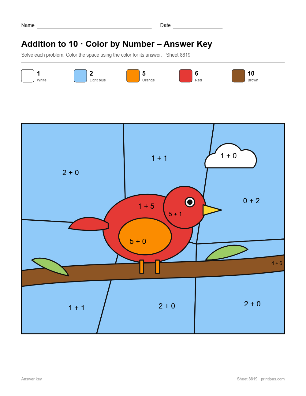 Bird on Branch Addition to 10 Color-by-Number Worksheet answer key