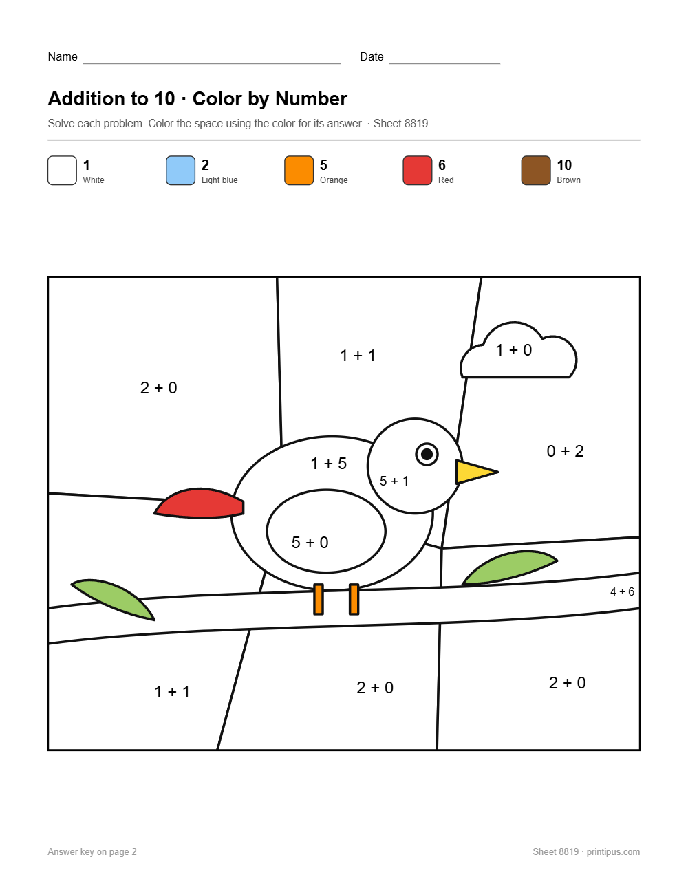 Bird on Branch Addition to 10 Color-by-Number Worksheet