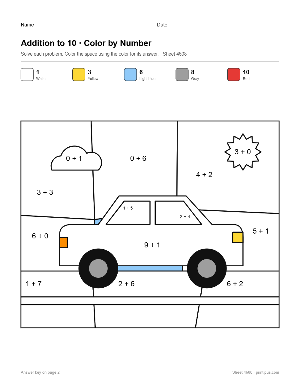 Car Addition to 10 Color-by-Number Worksheet