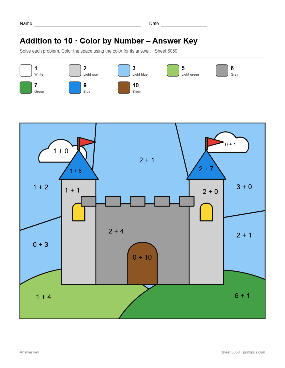 Castle Addition to 10 Color-by-Number Worksheet answer key