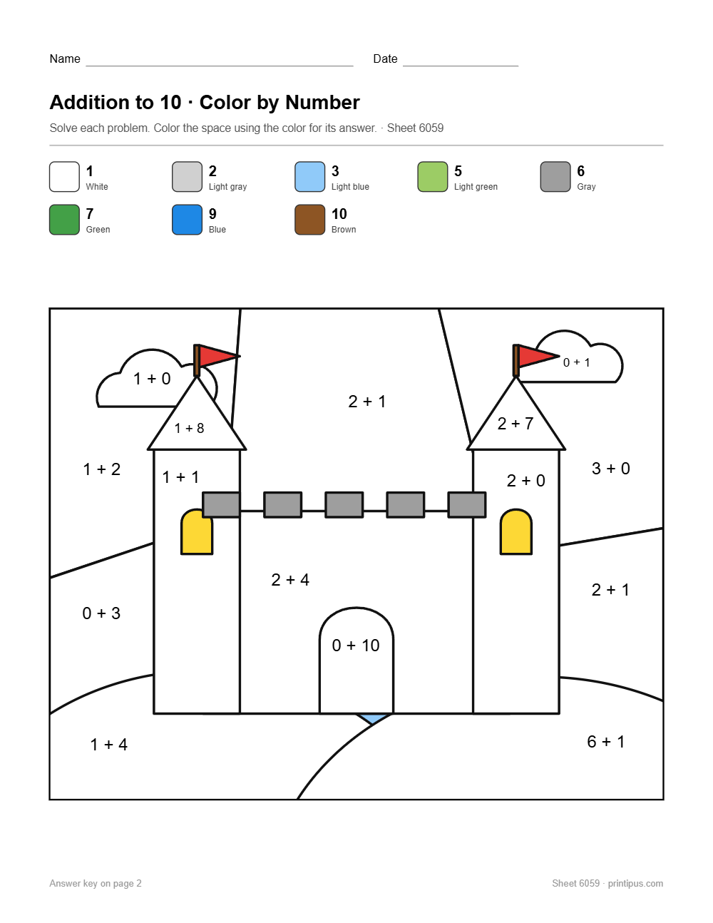 Castle Addition to 10 Color-by-Number Worksheet