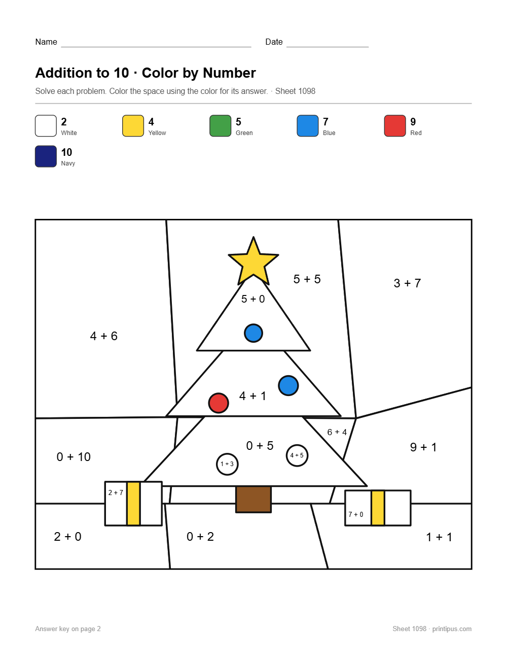 Christmas Tree Addition to 10 Color-by-Number Worksheet