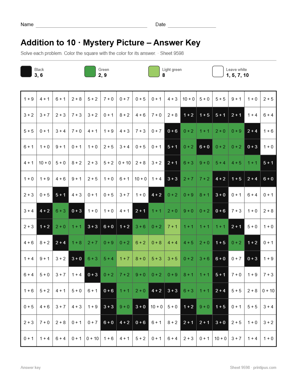 Dinosaur Mystery Picture Worksheet (Addition to 10)