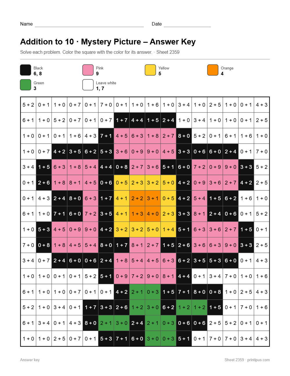 Flower Mystery Picture Worksheet (Addition to 10)