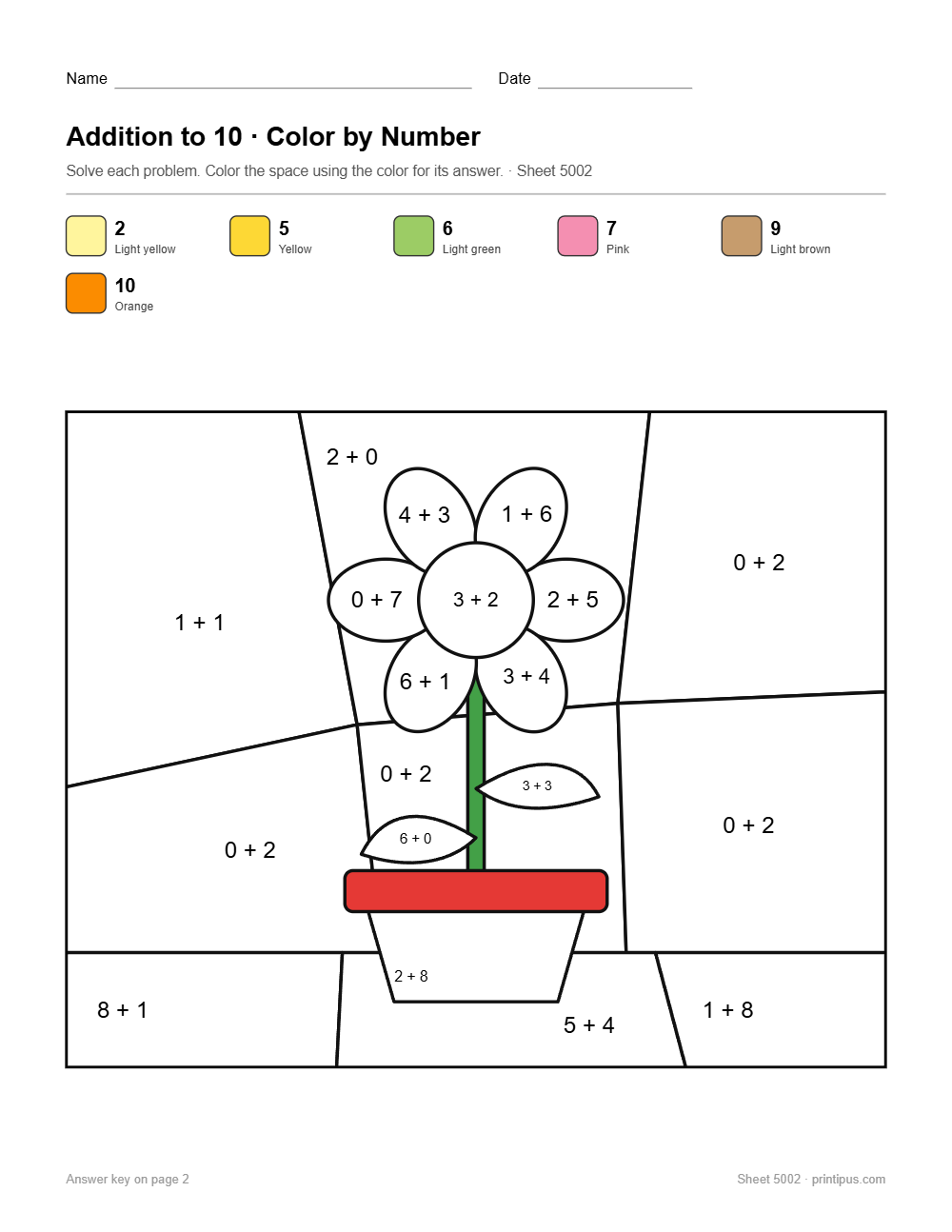 Flower Pot Addition to 10 Color-by-Number Worksheet
