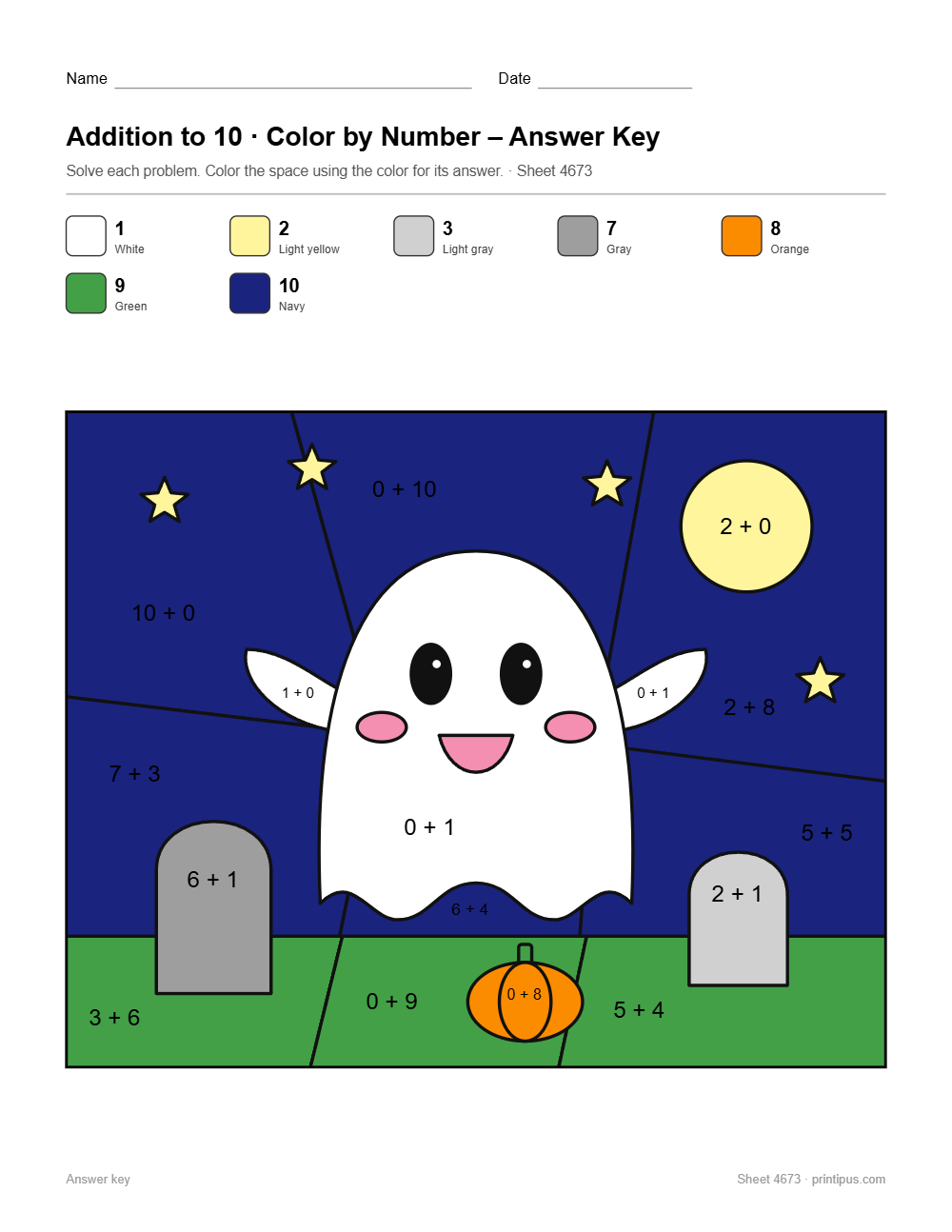 Friendly Ghost Addition to 10 Color-by-Number Worksheet answer key