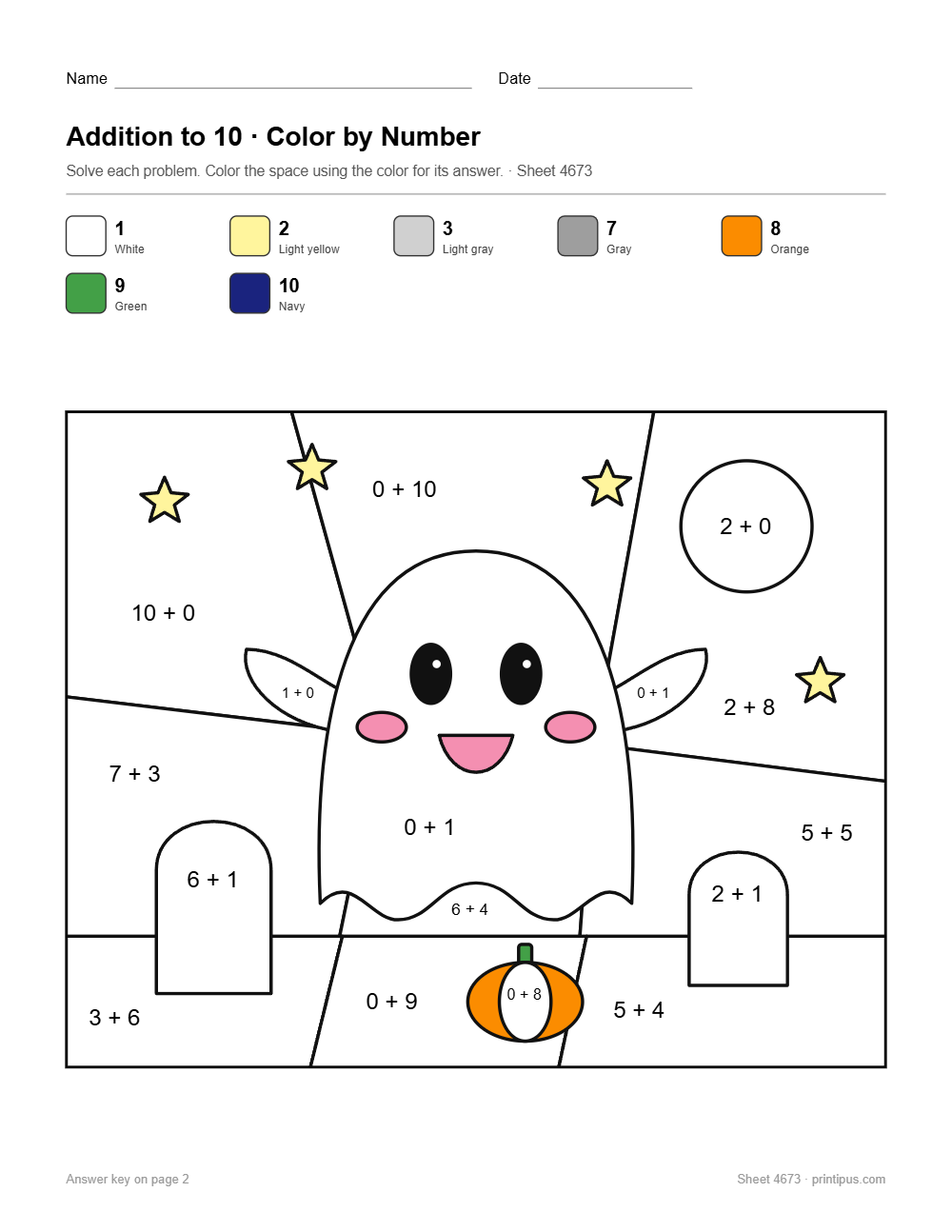 Friendly Ghost Addition to 10 Color-by-Number Worksheet