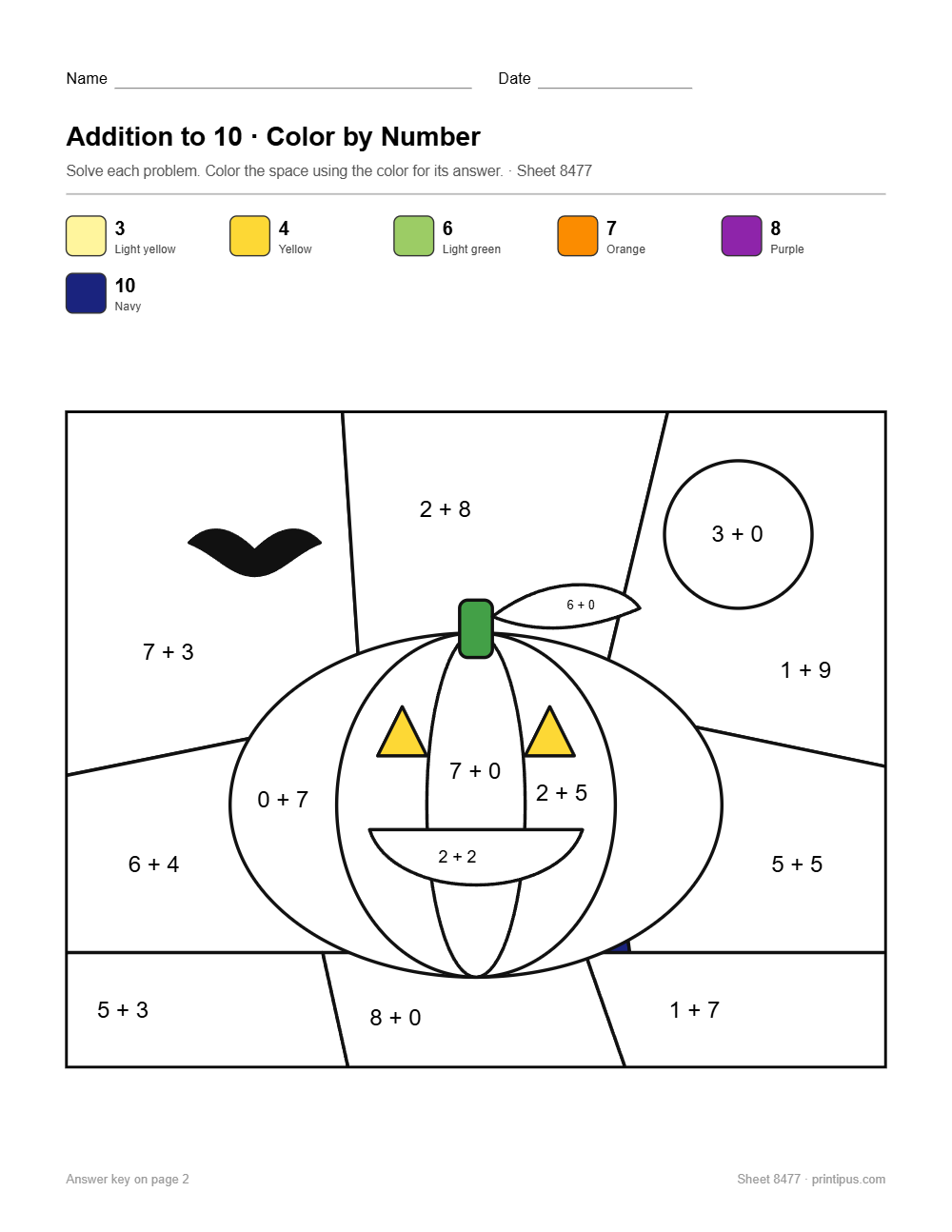Halloween Pumpkin Addition to 10 Color-by-Number Worksheet