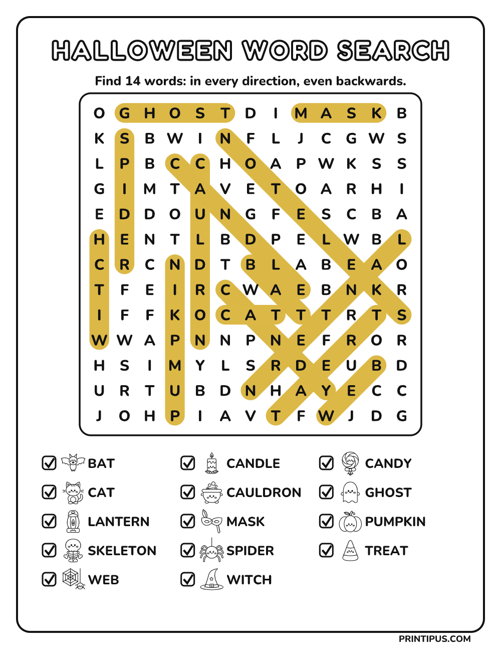 Halloween Word Search Puzzle for Kids – Hard answer key