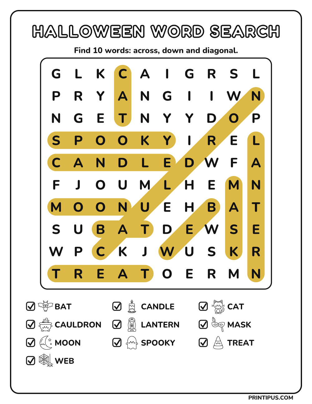 Halloween Word Search Puzzle for Kids – Medium answer key