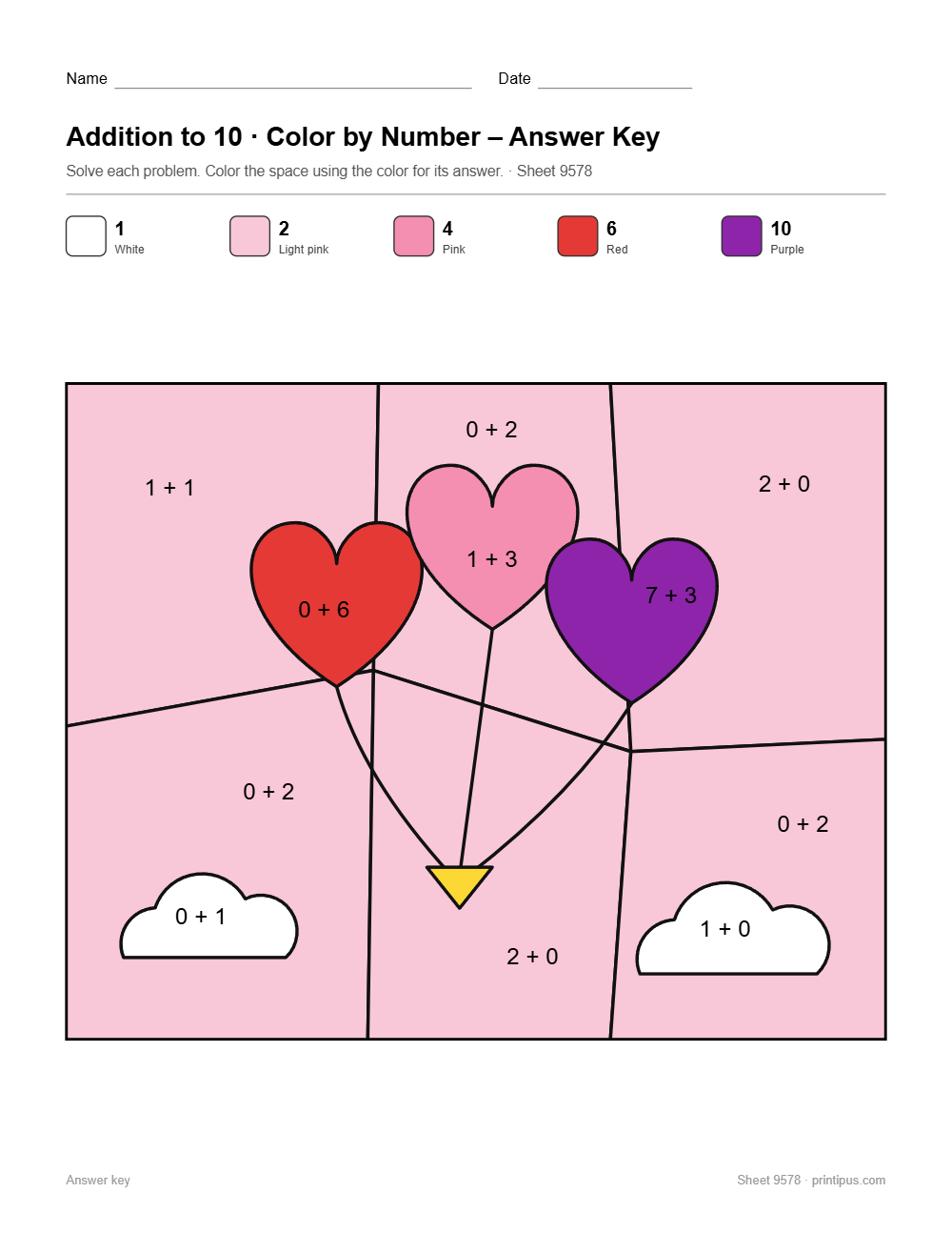 Heart Balloons Addition to 10 Color-by-Number Worksheet answer key