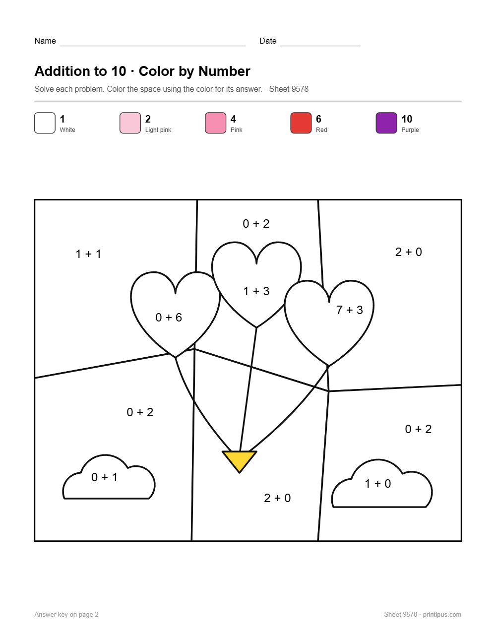 Heart Balloons Addition to 10 Color-by-Number Worksheet