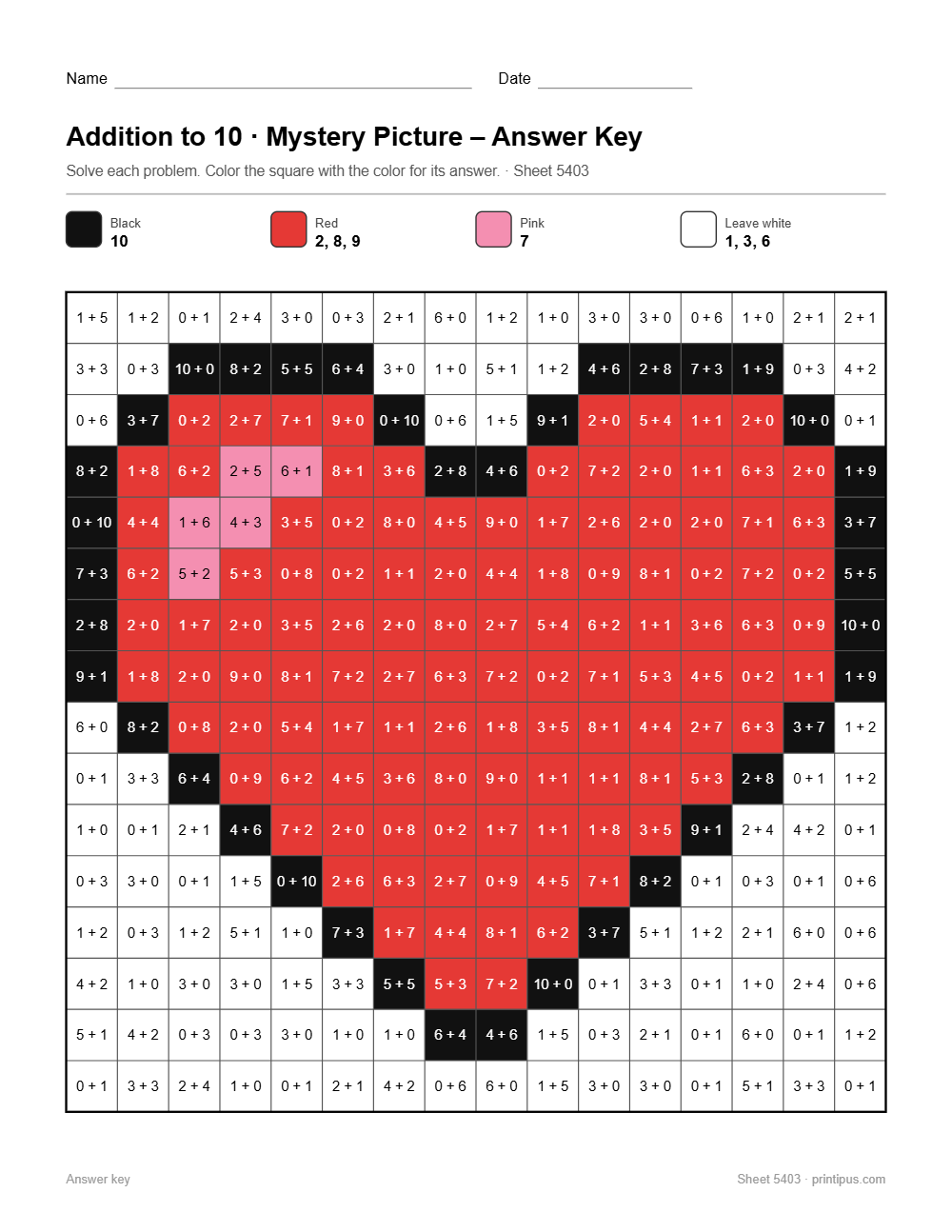 Heart Mystery Picture Worksheet (Addition to 10)