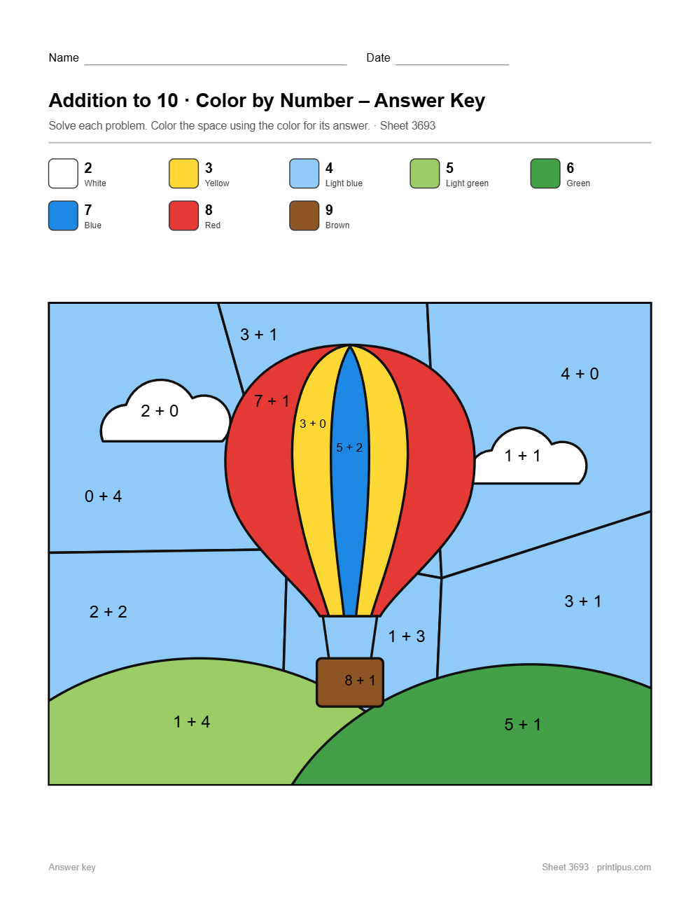 Hot Air Balloon Addition to 10 Color-by-Number Worksheet answer key
