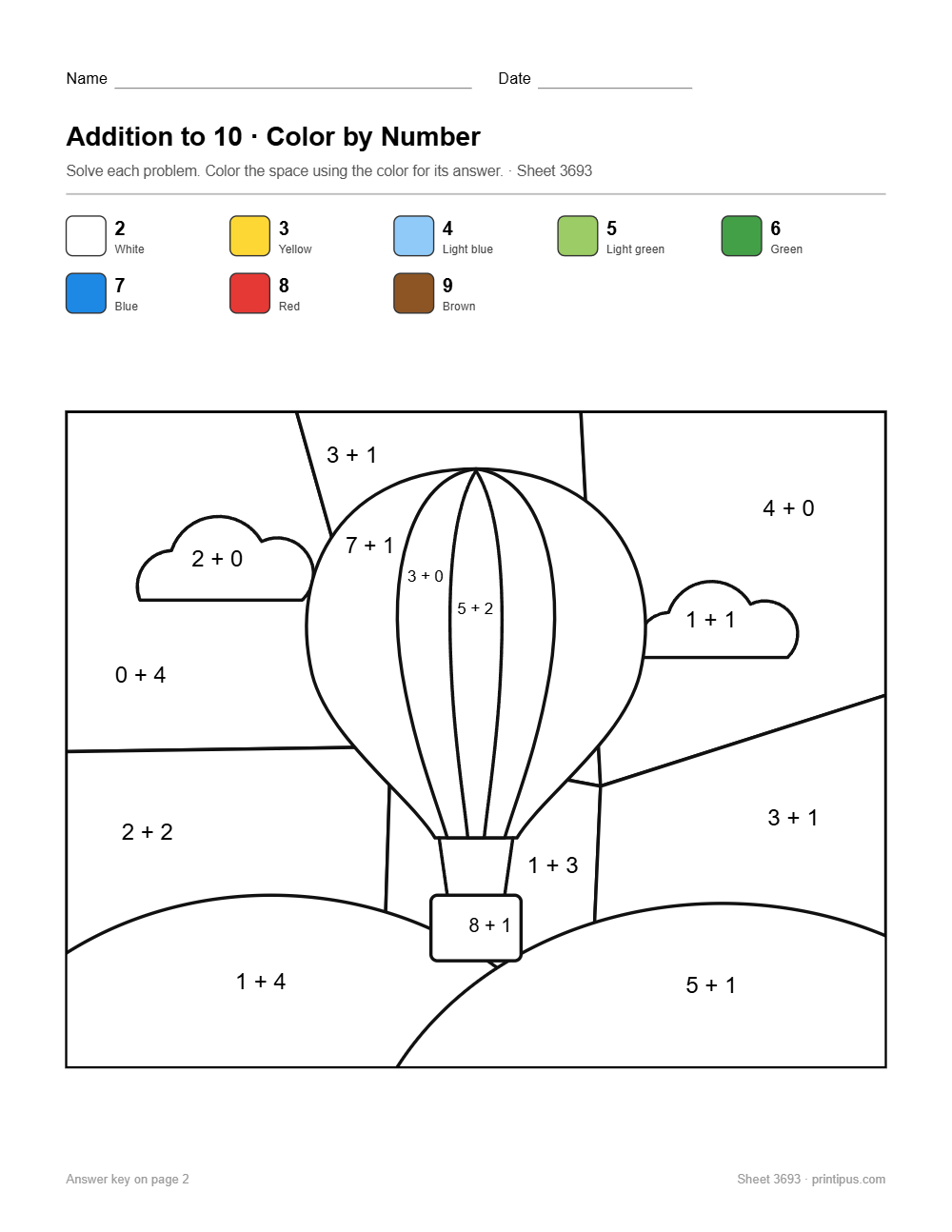 Hot Air Balloon Addition to 10 Color-by-Number Worksheet