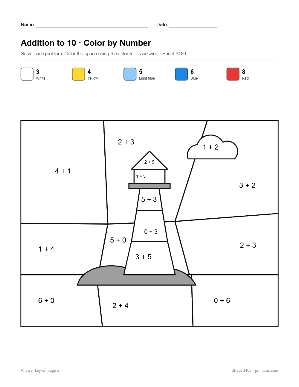 Lighthouse Addition to 10 Color-by-Number Worksheet